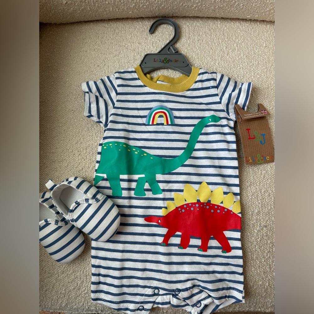 Lily and Jack Striped Dinosaur Romper with Matching Shoes. Size 3-6 months.